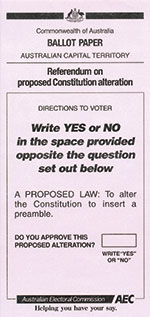 a pink ballot paper for the 1999 Australian republic referendum asking about whether the voter supported adding a preamble