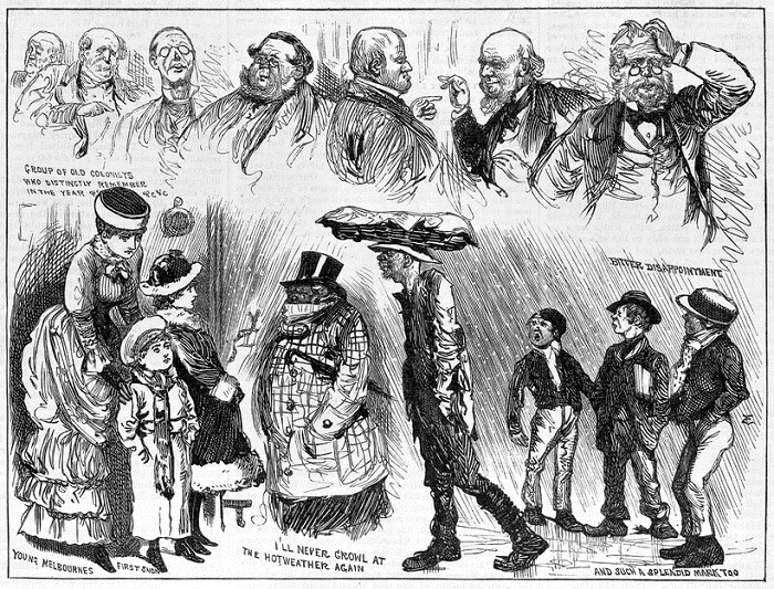 1882 cartoon, group of old colonists who distinctly remember in the year... gentleman swearing he will never growl at hot again
