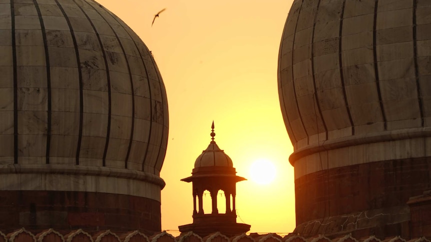 The sun sets behind a mosque, and a bird takes flight.