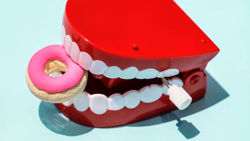 Plastic teeth surrounded by models of sugary treats.