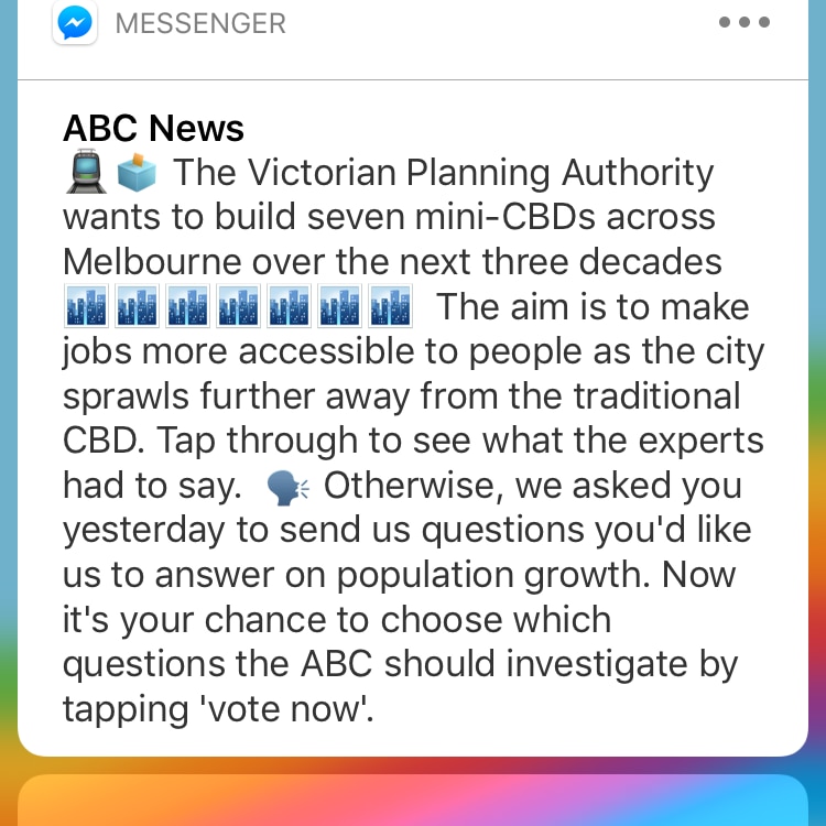 Message sent to people about population growth and asking which questions the ABC should investigate.