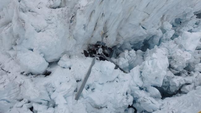 The wreckage of a helicopter that crashed in Fox Glacier