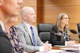 A man in a grey suit and a woman in a black suit sitting at a table at a parliamentary hearing