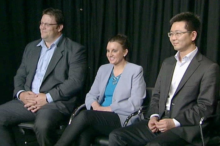 Palmer United Party Senators-elect Glenn Lazarus, Jacqui Lambie and Dio Wang in the Lateline studio.