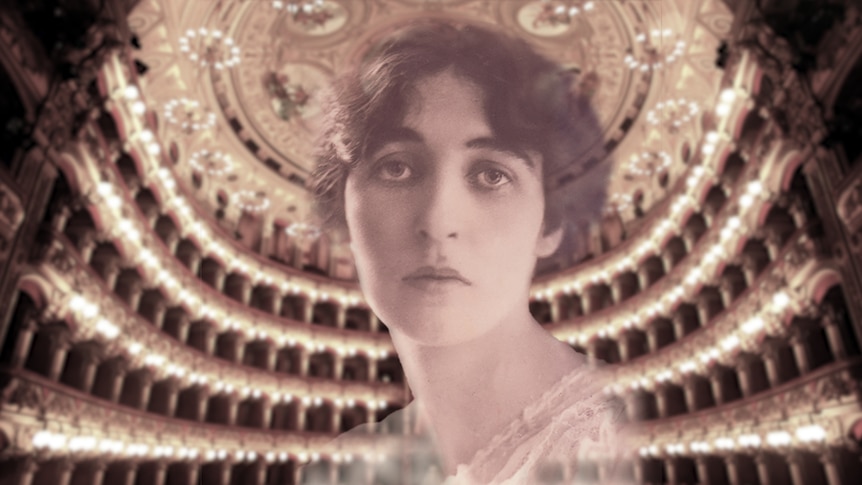 Sepia photo of Margherita Grandi as a young woman superimposed on photo of Italian opera theatre