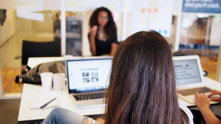 Three women work on laptops in an office.