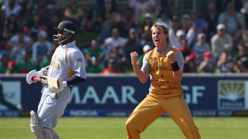 Brett Lee of Australia celebrates taking a wicket against Sri Lanka.