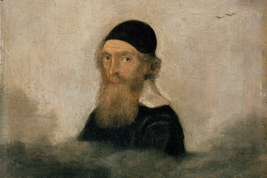 An oil painting of a bearded old man in black clothes against a white and grey background.