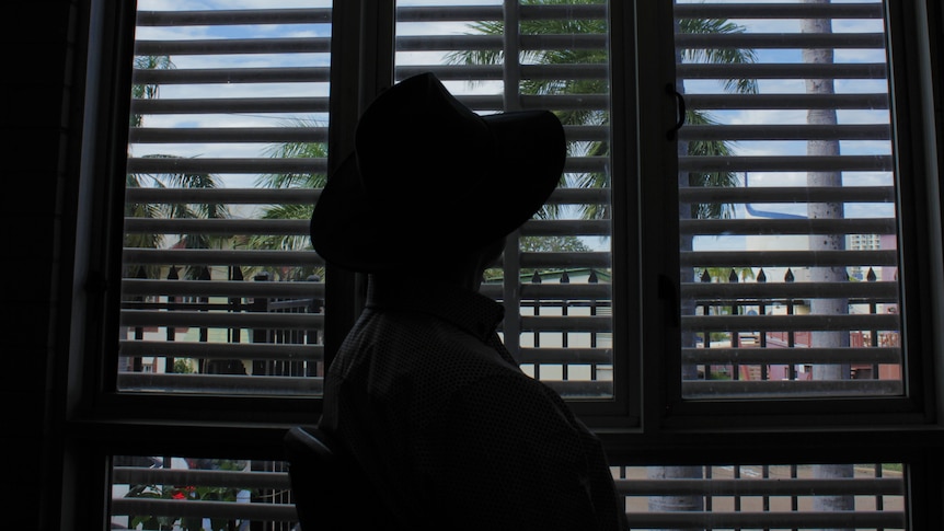 A silhouette of a man looking at palm trees.