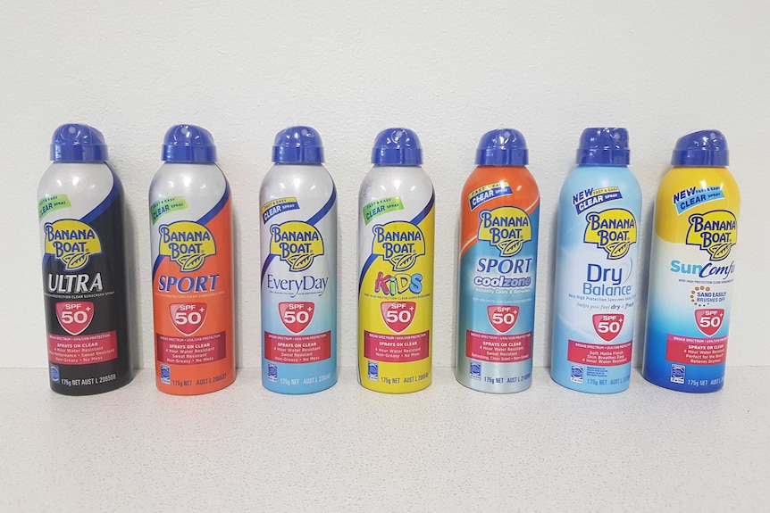 A row of seven Banana Boat aerosol sunscreens which were tested