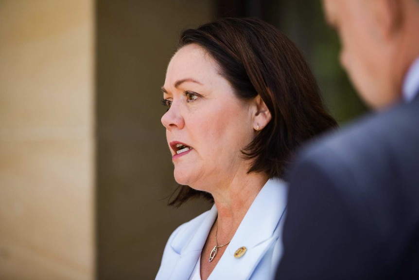 Liza Harvey speaks at a press conference announcing her resignation as party leader.