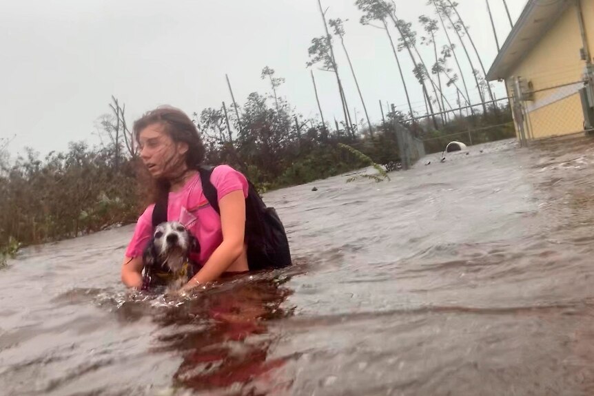 A woman wades through waist deep water carrying her pet dog as she is rescued from her flooded home.