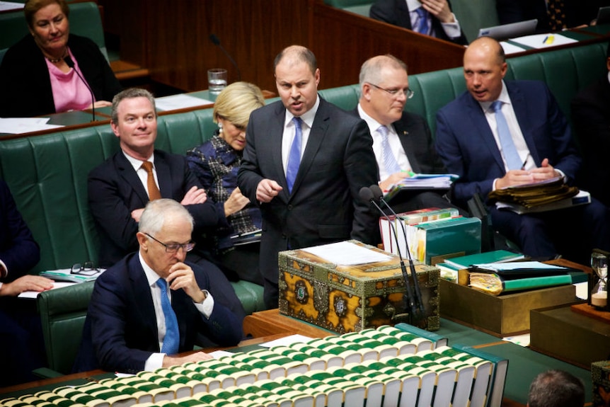 Josh Frydenberg speaks in parliament in front of his Coalition colleagues, including Malcolm Turnbull.