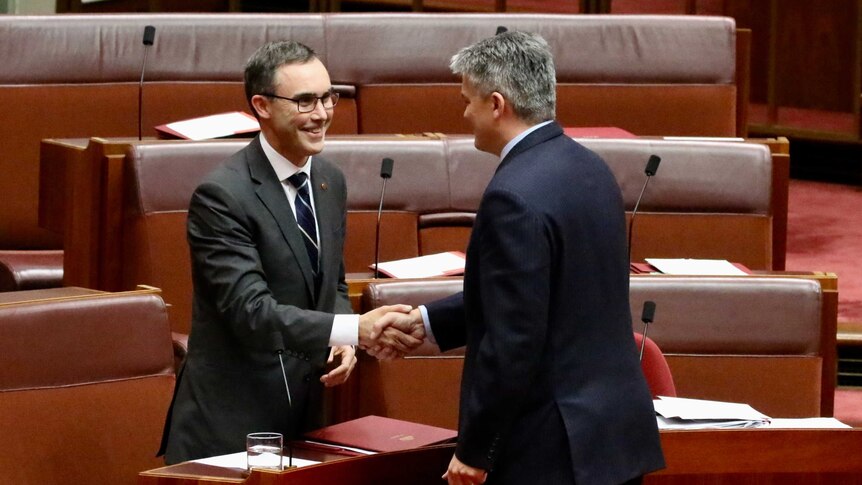 Tim Storer shakes hands with Minister Mathias Cormann while smiling.