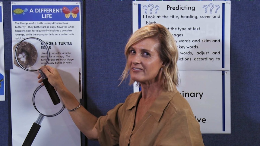 Female teacher holds magnifying glass up to paper on pinboard