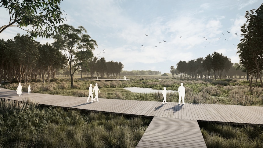 An artist rendered image of a wooden walkway over grassy plains.