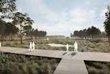 An artist rendered image of a wooden walkway over grassy plains.