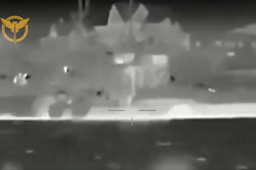 A screengrab from a video released by the Ukrainian military purportedly showing the attack on two Russian landing boats