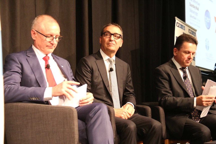 Jay Weatherill and Nick Xenophon look down at notes as Steven Marshall looks to his right.