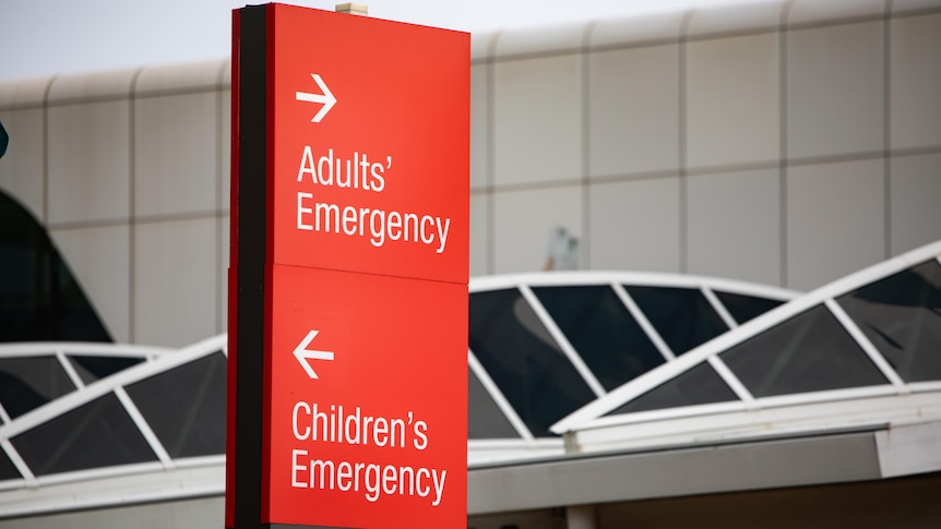A red sign showing an adult's emergency department to the right, and a children's emergency to the left.