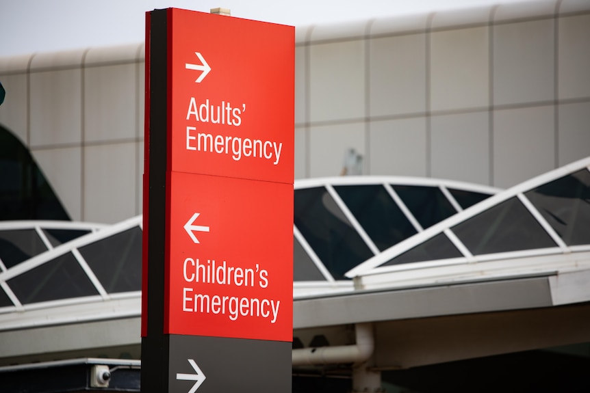 A red sign showing an adult's emergency department to the right, and a children's emergency to the left.