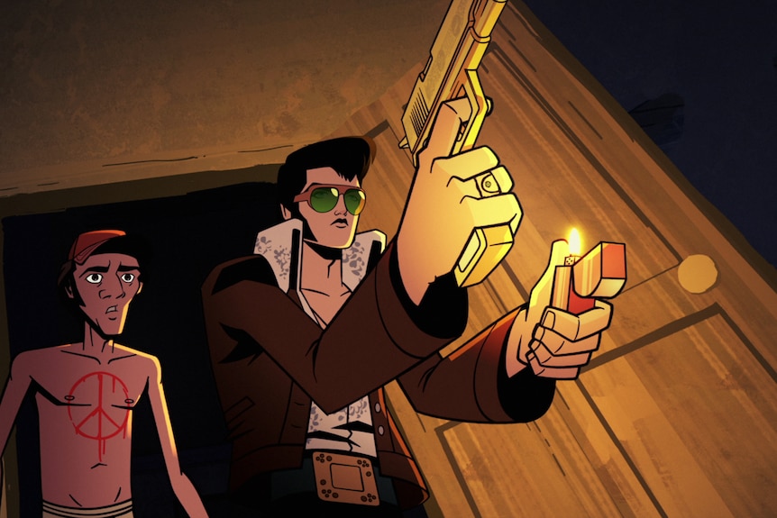 Animated image of a shirtless man with a red peace symbol painted onto his chest, with Elvis in front with a gun and a lighter.