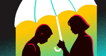 A woman holds an umbrella over a man to shelter him from rain and to show her support as a friend and ally in a time of need.