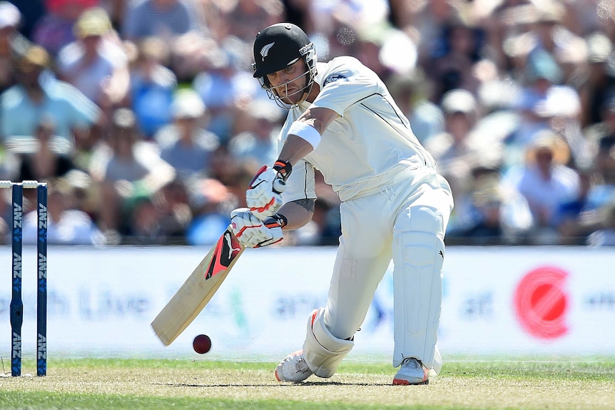 NZ captain Brendon McCullum on the drive against Australia on day one in Christchurch