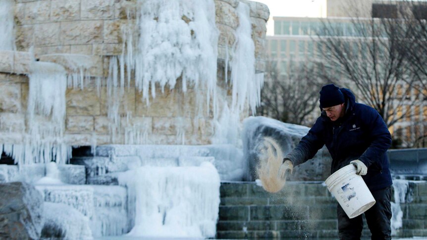 Waterfall freezes at the National Museum of the American Indian in Washington, DC.