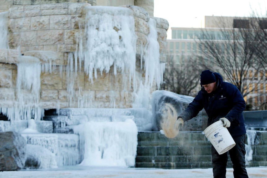 Waterfall freezes at the National Museum of the American Indian in Washington, DC.