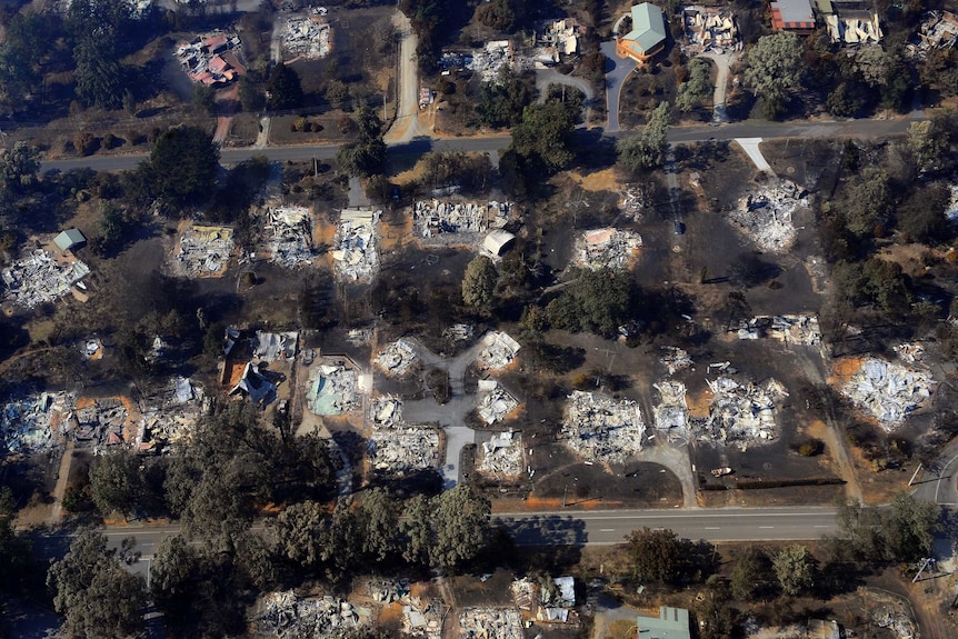 An aerial shot of a country town that has been completely razed by fire.