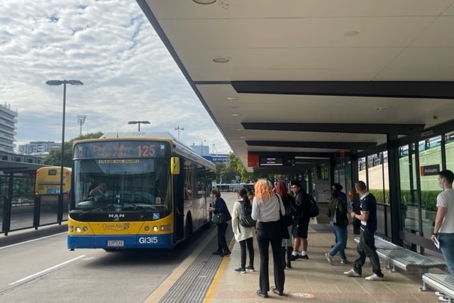 People stand next to a Brisbane bus