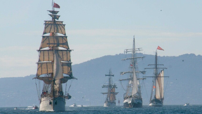 Tall ships make their way out of Port Phillip Bay.