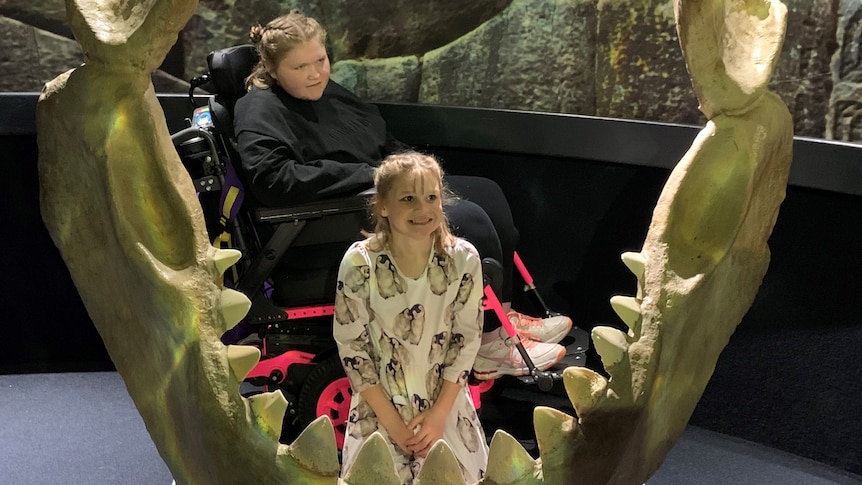 A young girl sits in the centre of the jaws of a large shark with her sister in a wheelchair behind her