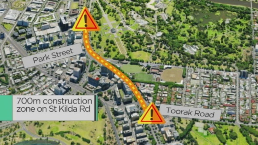 As this graphic shows, the St Kilda Rd works involves traffic and tram changes.