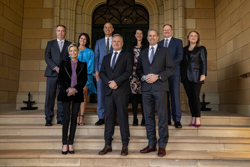A group of Tasmanian Liberal politicians standing in a group on steps.