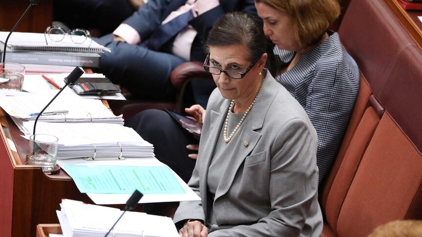 Fierravanti-Wells looks over her dark-rimmed glasses in the Senate, wearing pearl earrings and necklace.