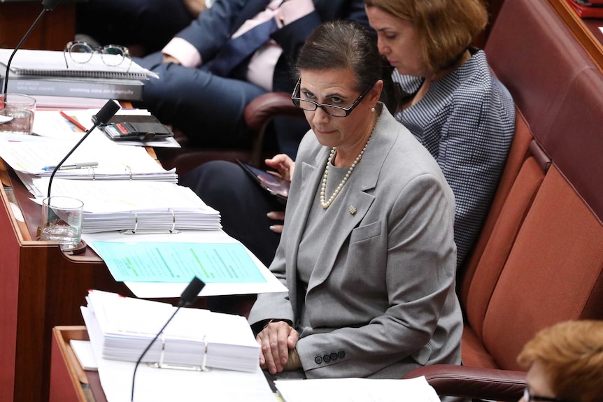 Fierravanti-Wells looks over her dark-rimmed glasses in the Senate, wearing pearl earrings and necklace.