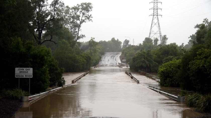 Floodwaters submerge the John Gay Bridge over the Nogoa River at Emerald. (File photo)