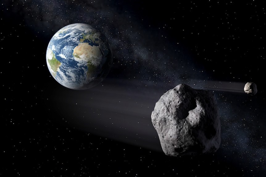 A visualisation of two asteroids floating in space. Earth is visible in the distance. 