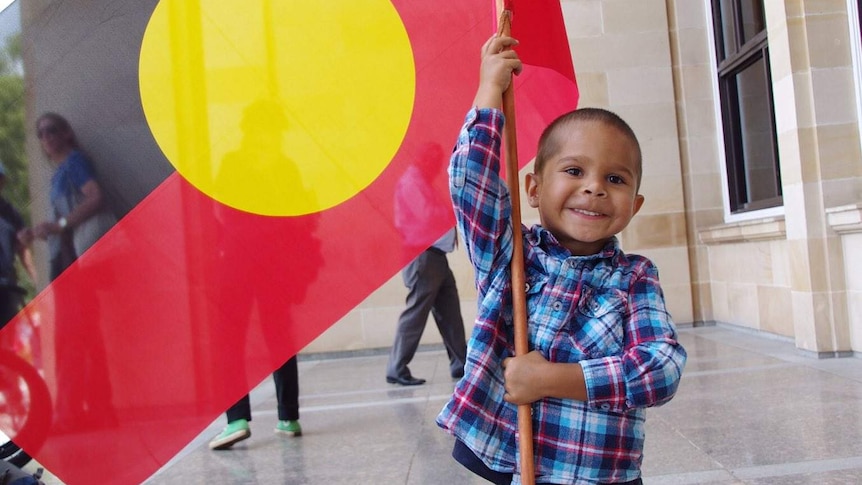 A young boy holds an indigenous flag at a rally against the Barnett Government's anti-protest laws.