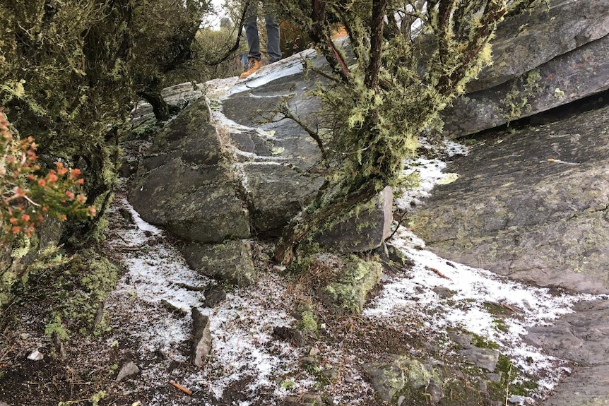 A light dusting of snow on a rocky outcrop.