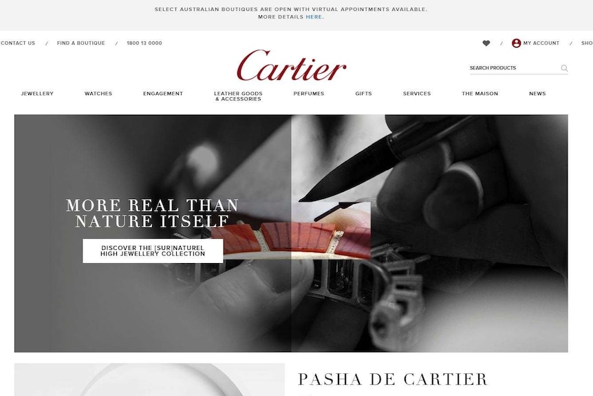 the home page of the Australian Cartier website