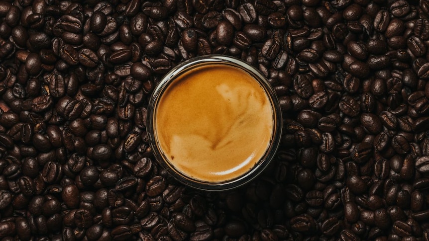 A cup of espresso sits on a surface, surrounded by dark brown coffee beans.