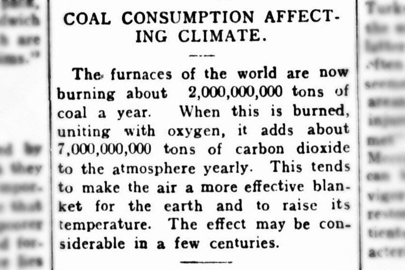 An old newspaper article titled 'Coal Consumption Affecting Climate'.
