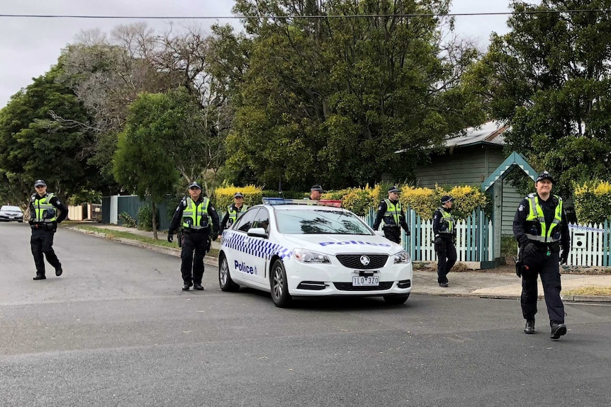 Seven police officers walk through a suburban street.