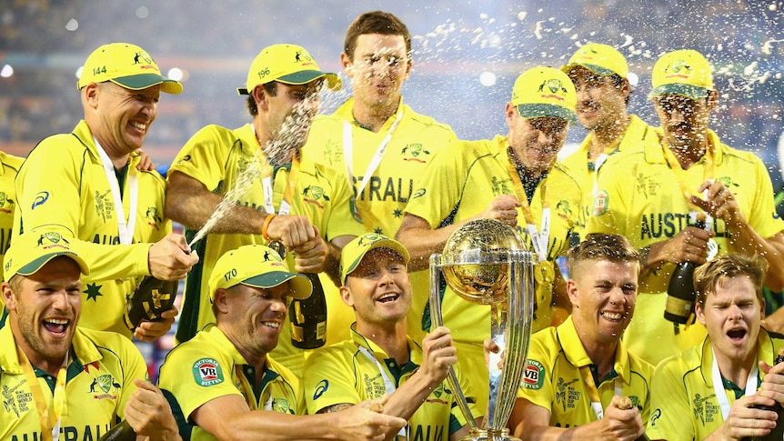 Australia celebrates with Cricket World Cup trophy