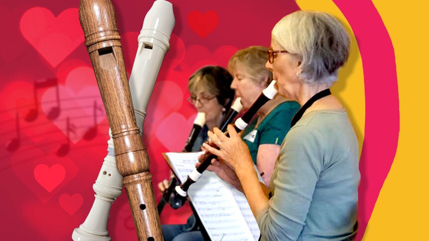 Graphic with recorders on the left and a group of women playing recorders on the right.