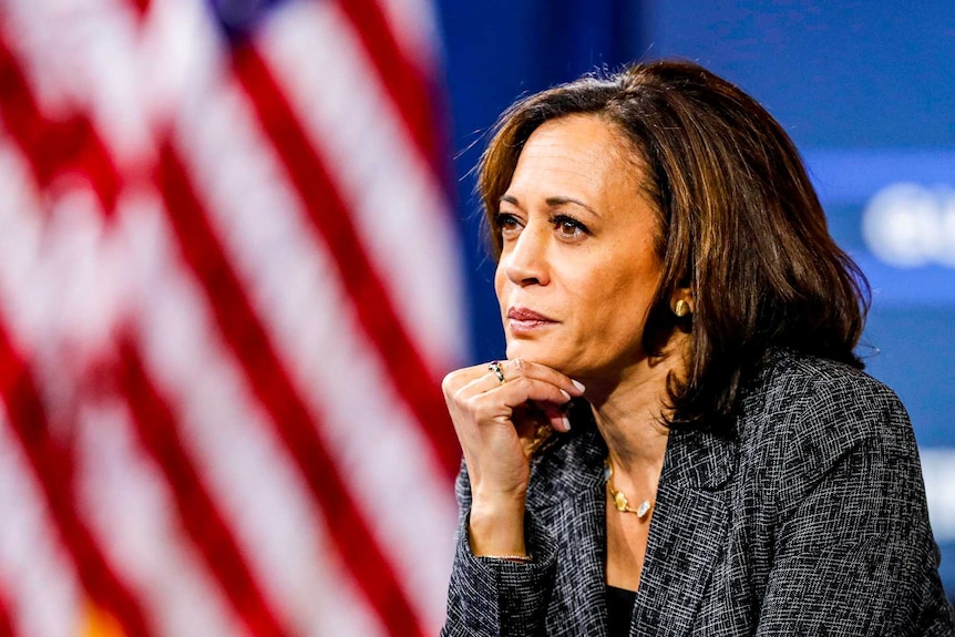 Kamala Harris in front of a row of US flags resting her head on her chin