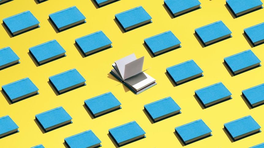 Brightly coloured illustration of many blue books neatly arranged on a yellow background. The books are all closed except one.